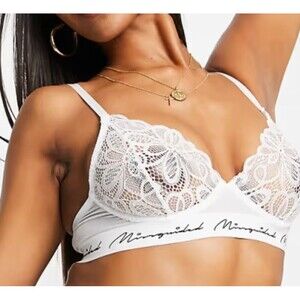 Missguided Lingerie Bra White Floral Pattern Lace‎ Triangle Delicate Sexy Sz 32D